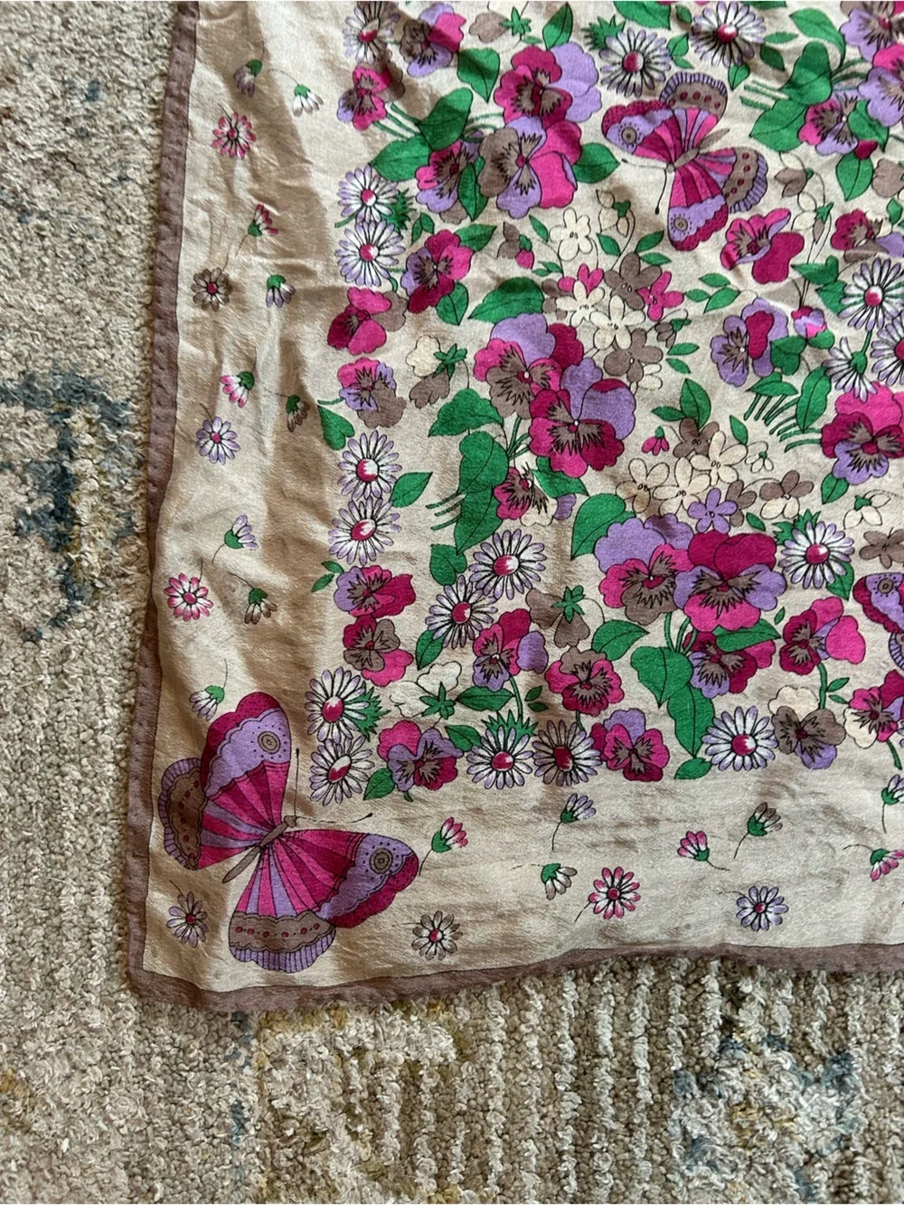 Oscar de la Renta Floral & Butterfly Silk Scarf in Cream, Pink & Green